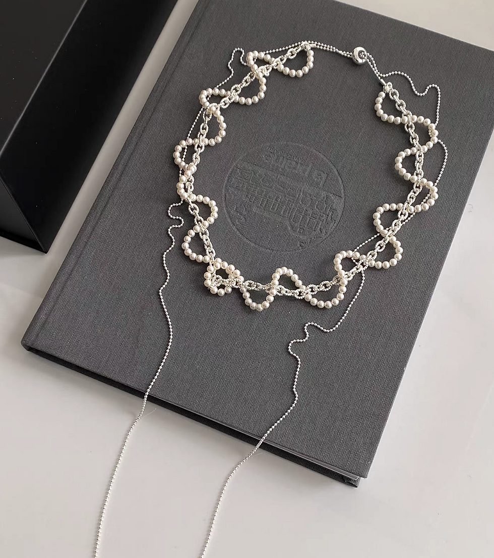 Thumbnail: 925 Silver alloy plastic pearl wavy layers adjustable necklace