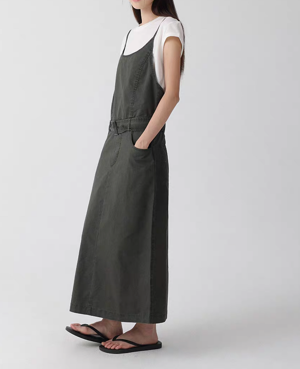 Thumbnail: Belted pure cotton side pockets slipdress