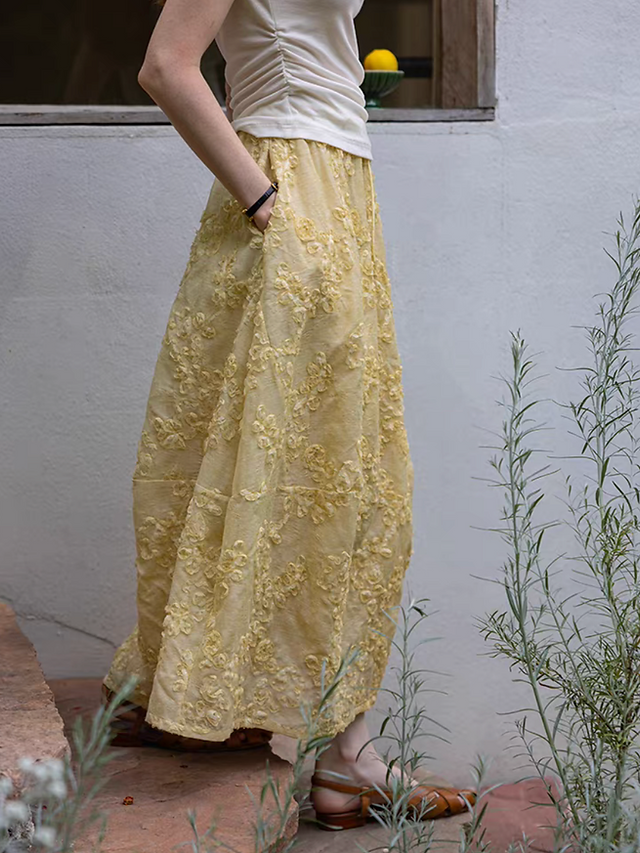 Embossed floral mustard yellow drawstring elasticated tencel linen skirt 14