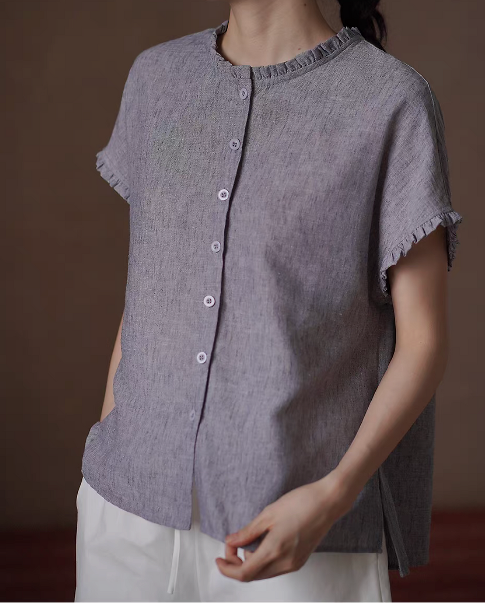 Thumbnail: Pleated trim poly greyish blue buttoned blouse