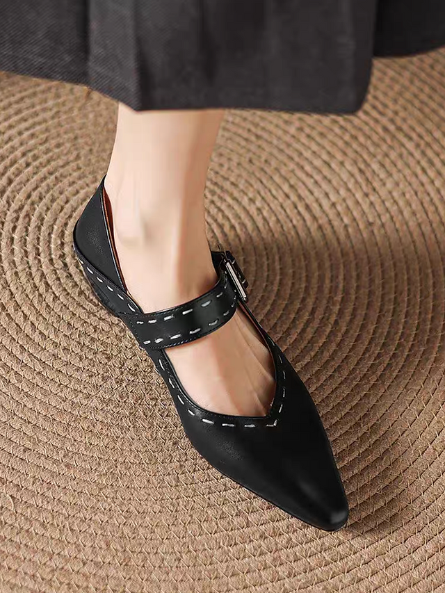 White stitched calf leather pointy low heel Mary Janes 8
