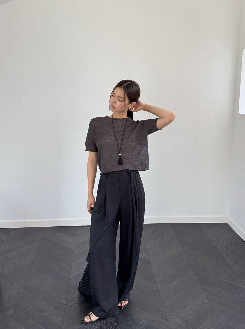 Thumbnail: Back crochet crewneck knitted cotton poly shortsleeved top