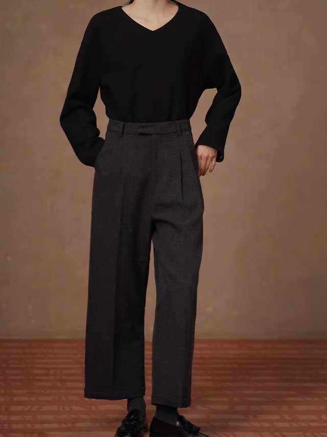 High waisted charcoal grey pleated poly rayon pants 4