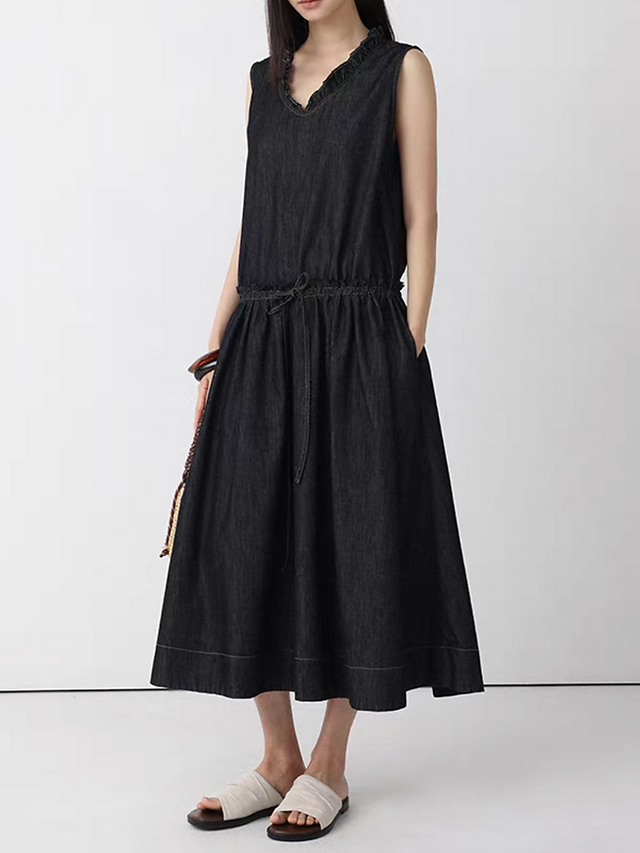 Dark denim V neck ruffles trim waist adjust drawstring sleeveless dress 11