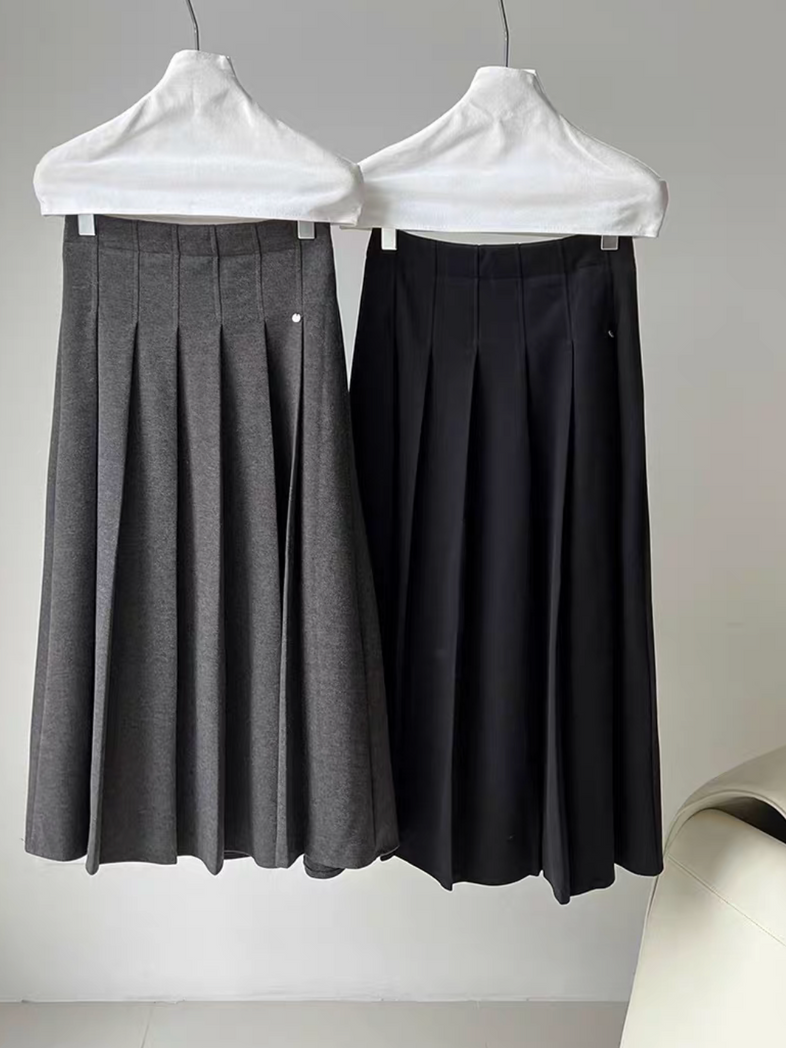High waisted back elasticated wool rayon pleated side pin A line skirt 3
