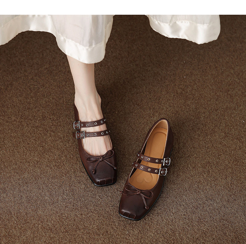 Thumbnail: Double straps ribbon pleated calf leather ballerinas