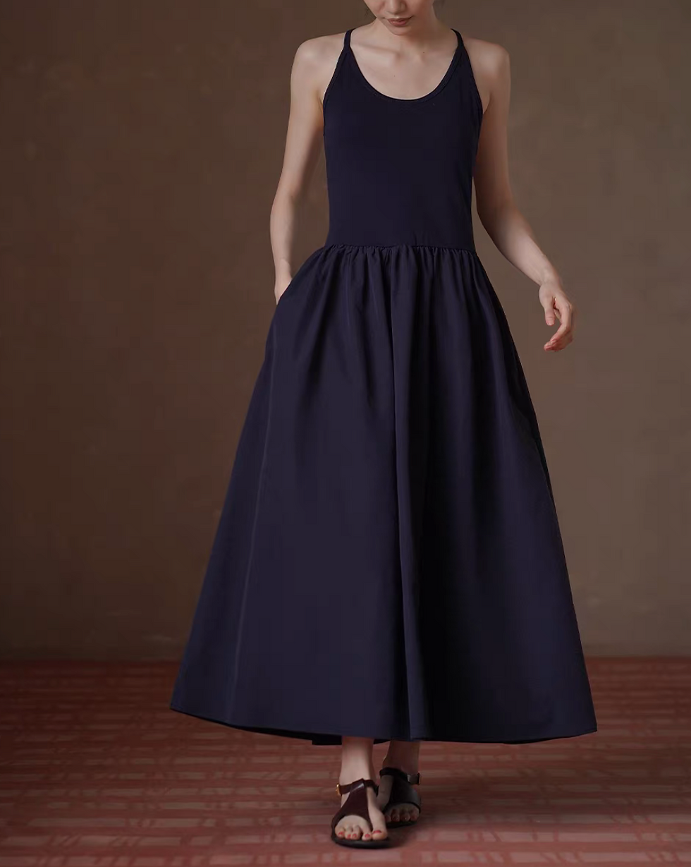 Thumbnail: Navy halter poly maxi slipdress with side pockets