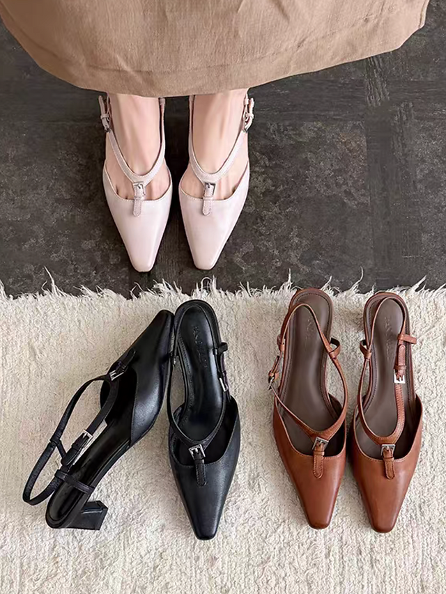 Mid buckle strap lambskin sling back low heels 15
