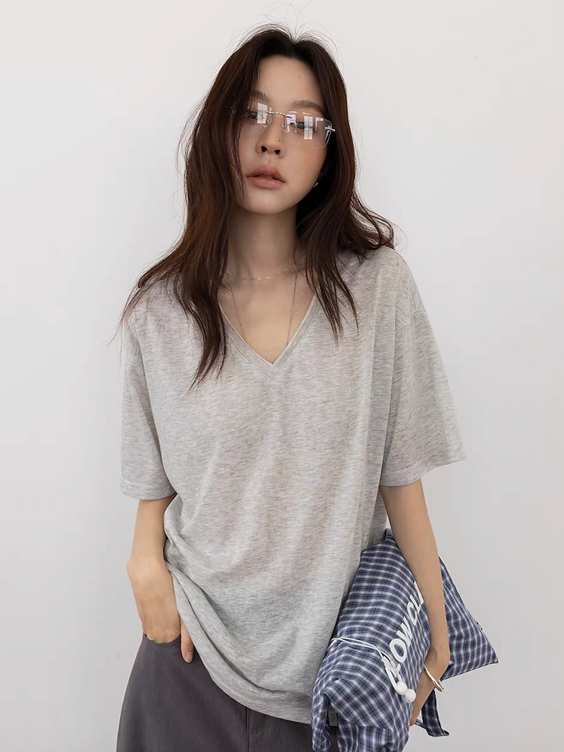 V neck pure cotton boyfriend mid length tee 8