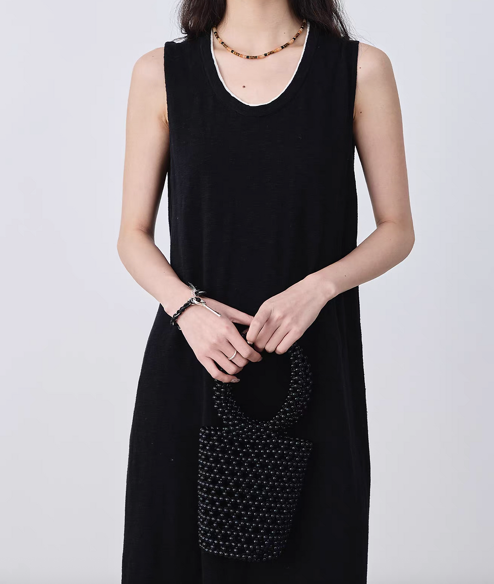 Thumbnail: Black U neck white trim knitted linen cotton sleeveless dress
