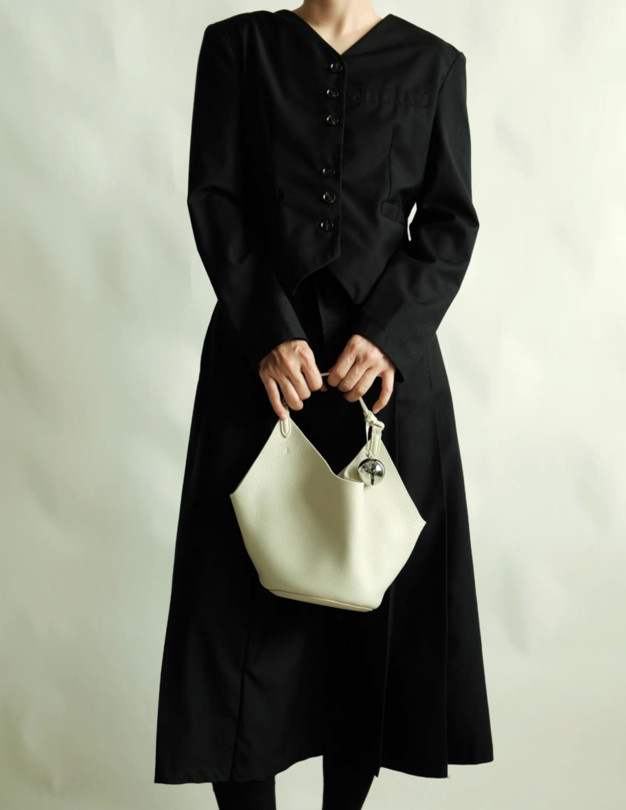 Thumbnail: Metal ball charm calf leather toga embossed handle + crossbody bucket bag