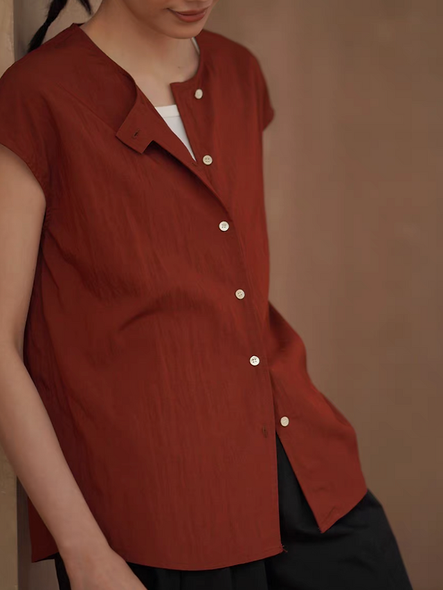Poly rayon buttoned flutter sleeves brick red blouse 5