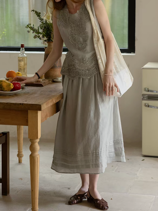 Pure linen lace crochet docking belted sleeveless maxi dress 15