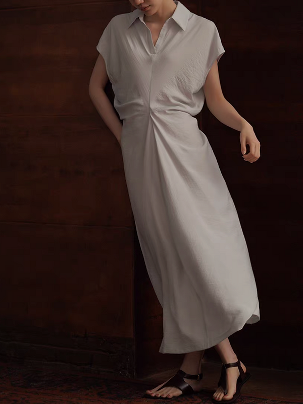 Elegant sora blue poly rayon drape pleated V neck midi soft polo dress