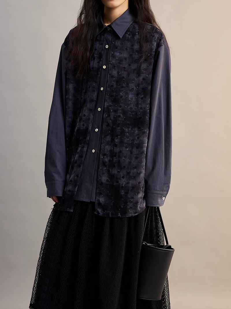 Dark blue checker tencel sheer layered beads deco cotton mid length shirt 11