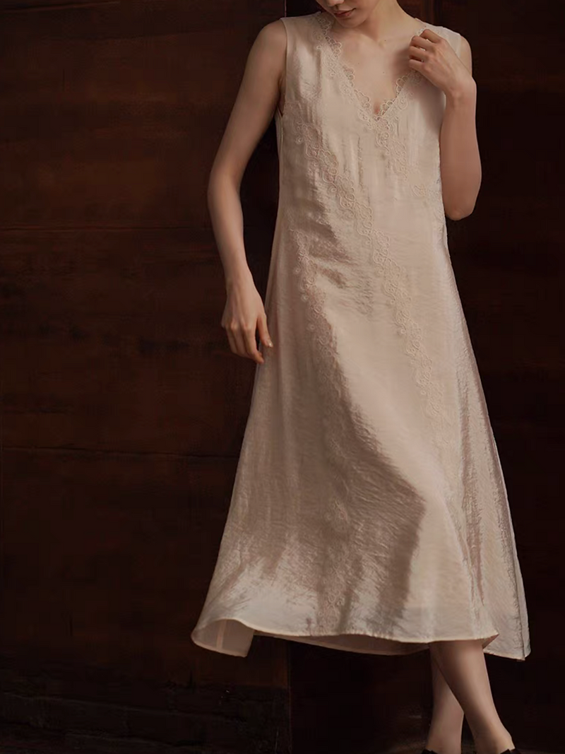 Beige laced trim V neck embossed tencel poly sleeveless dress 7