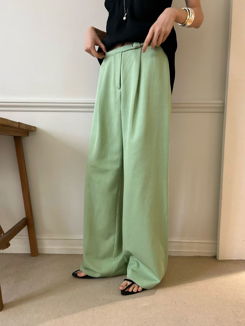 High waisted belted pleated linen rayon straight pants  6