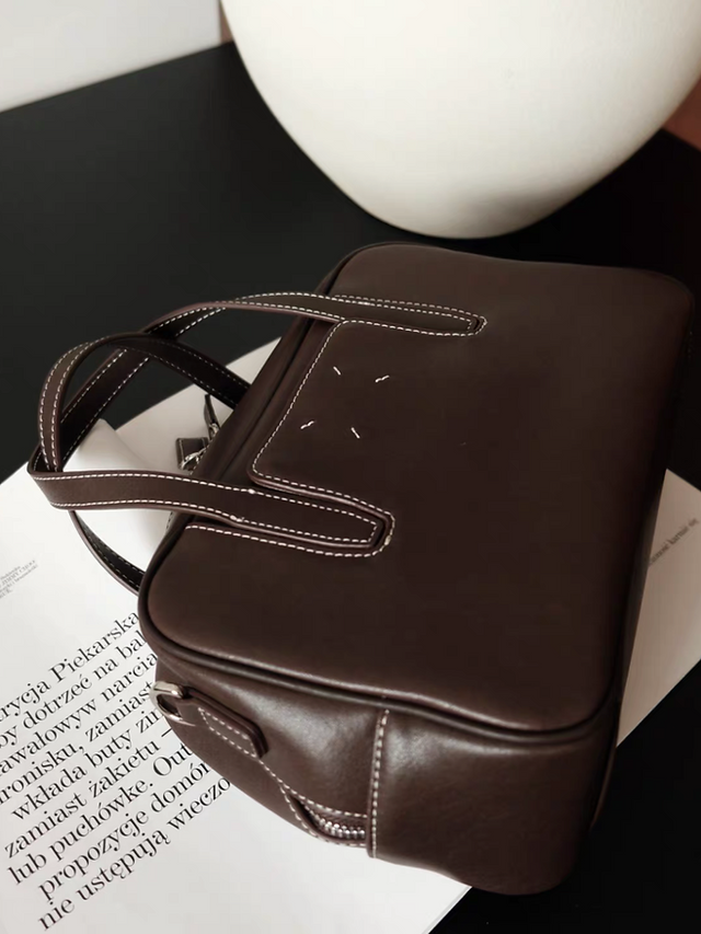 Brown color white stitched smooth calf leather bowling bag 15