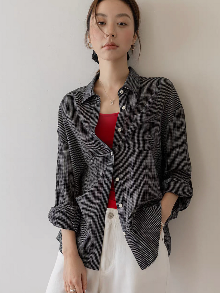 90% Cotton 10% linen checker two way roll sleeves embossed checker shirt 1