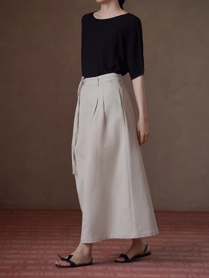 Beige A line cotton belted slit skirt 4