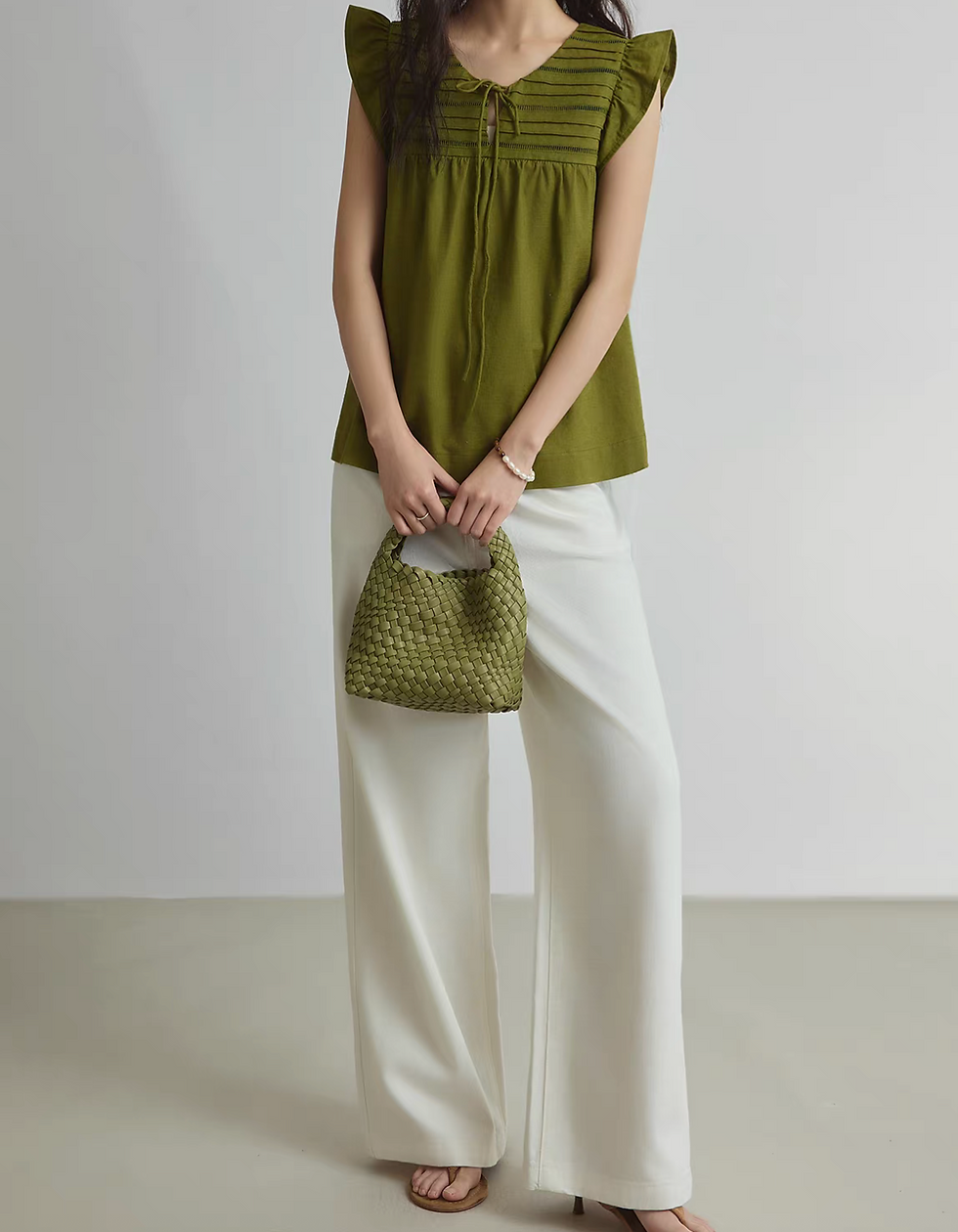 Thumbnail: Flutter sleeves drawstring pleated cotton vest