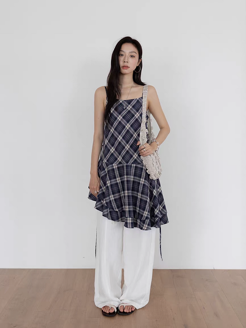 Asymmetric checker cotton linen slipdress / matching blouse 13