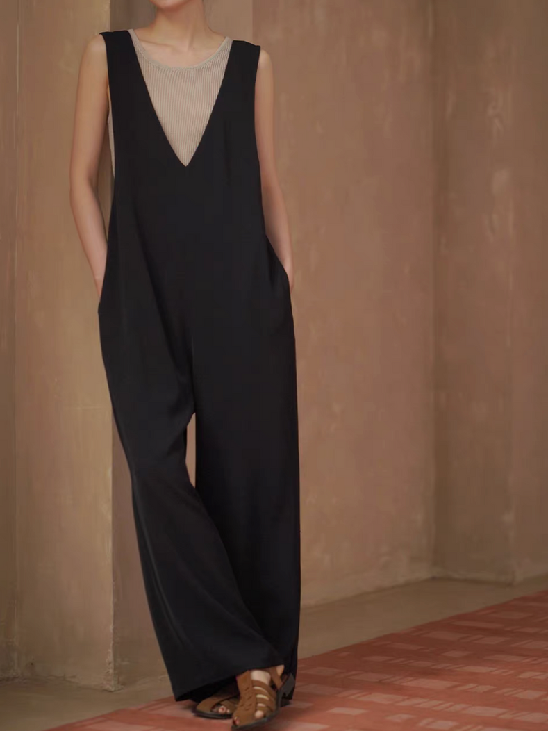Back knot dark navy poly rayon front V romper 7