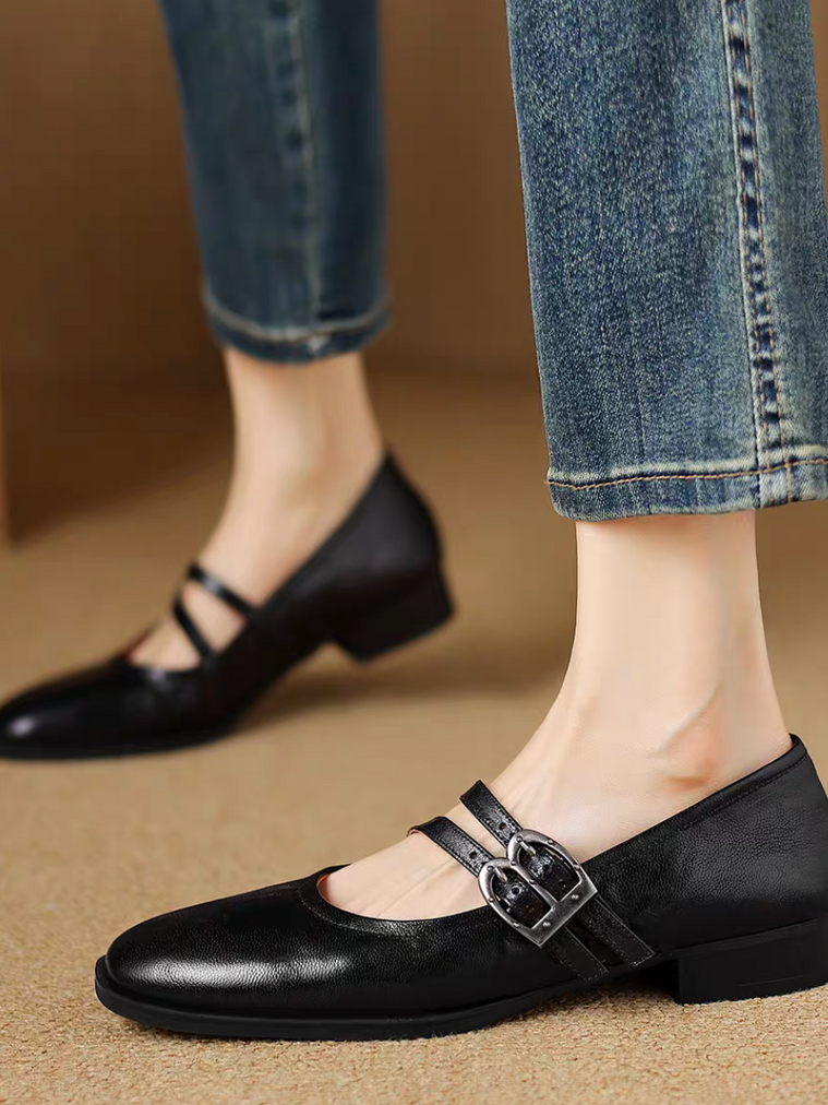 Embossed lambskin double buckles & straps Mary Janes 2