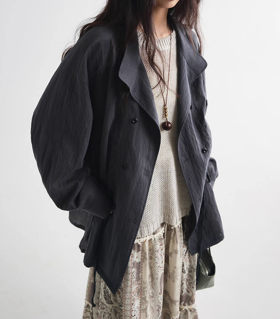 Thumbnail: Charcoal embroidered two way parallel buttoned mid length lyocell jacket