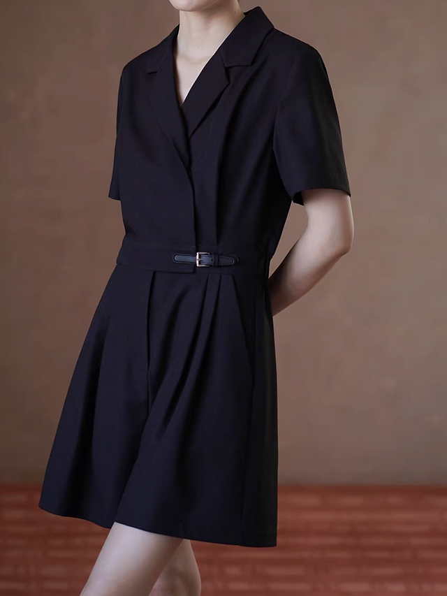 Side leather belted black poly rayon overlapping collar back elasticated romper 1