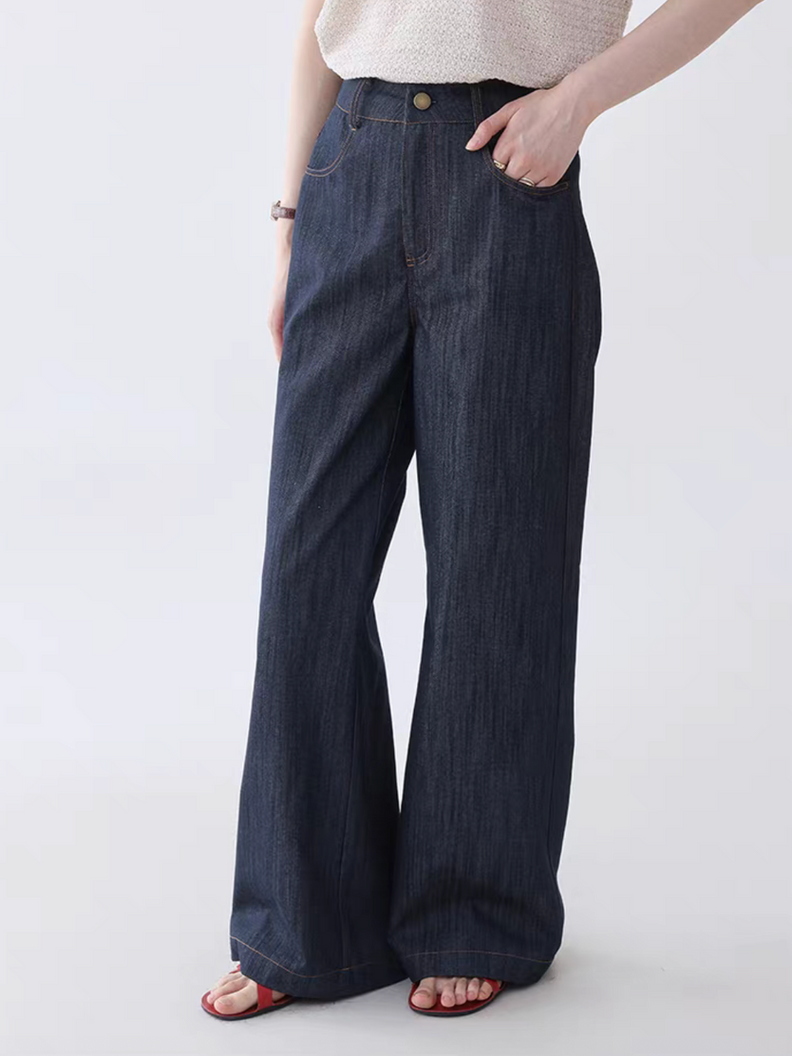 High waisted denim dark navy bronze stitched straight pants 7