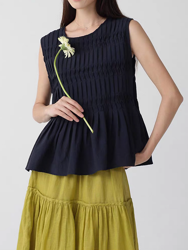 Pleated cotton poly rayon flare peplum vest