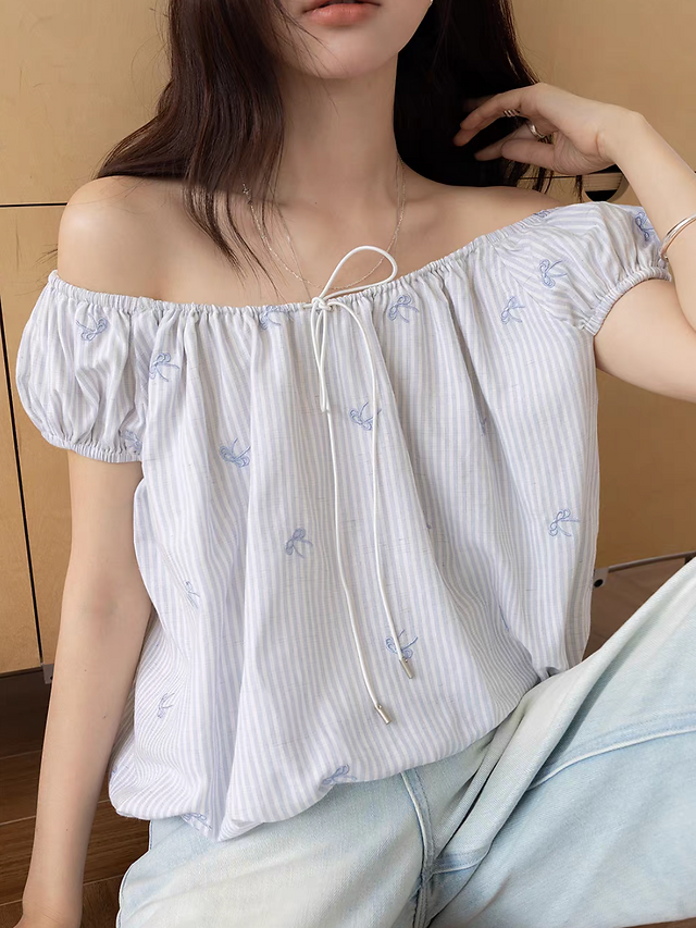 Blue white embroidered ribbons two way drawstring cotton linen blouse 9
