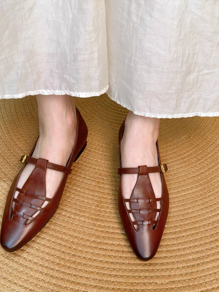Weaved calf leather T strap pointy Mary Janes