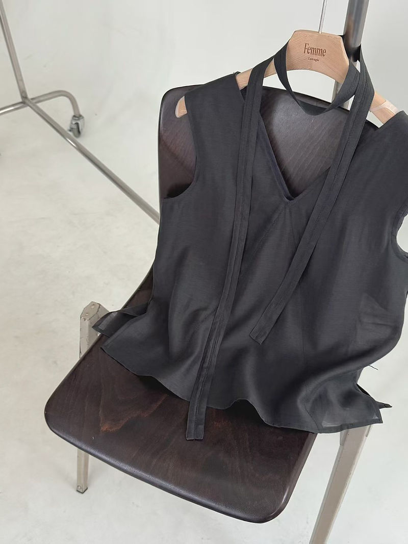 Two way tencel V neck sheer linen tencel poly collaratte vest set 3