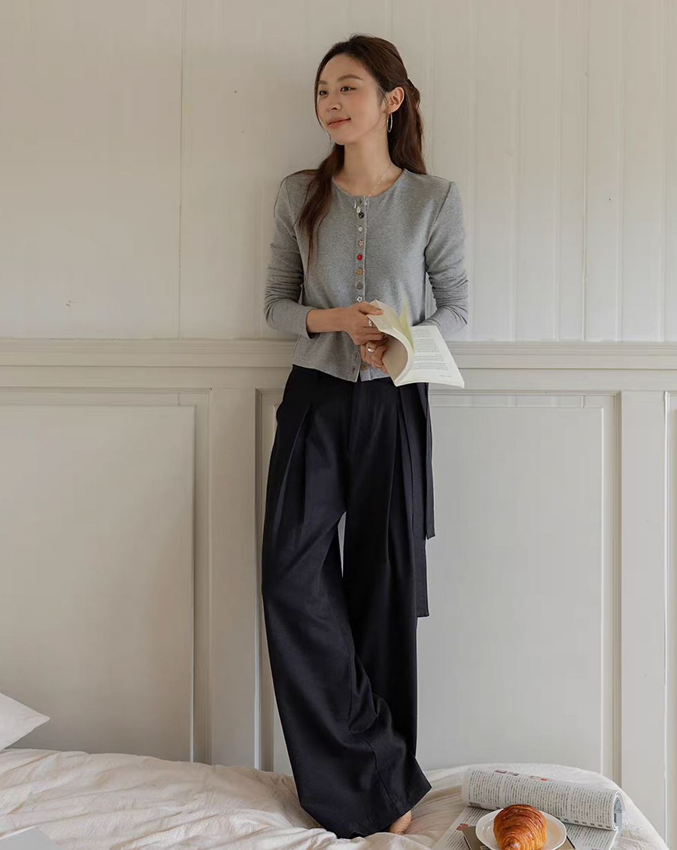 Thumbnail: High waisted belted pleated cotton rayon straight pants