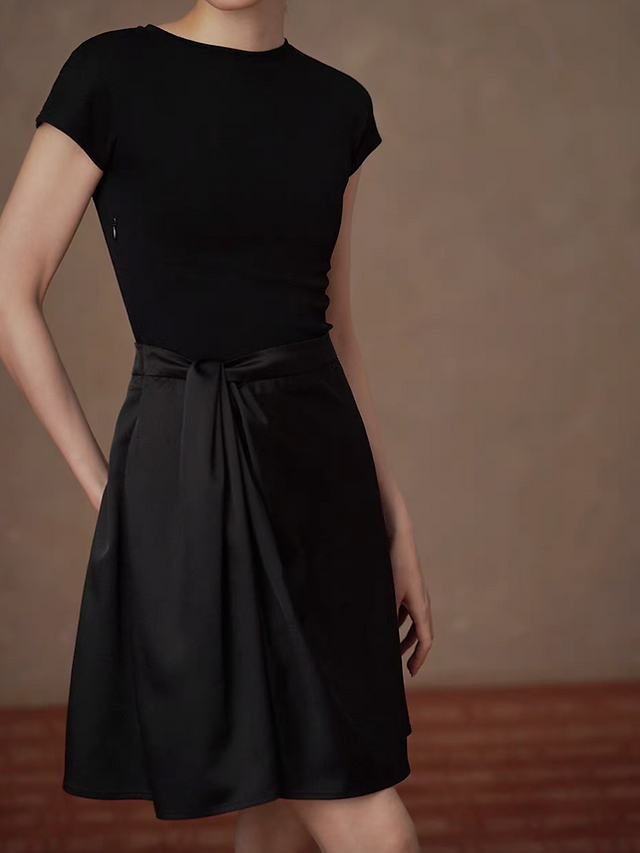 Onyx black poly satin cotton rayon docking belted side zipped midi dress 7