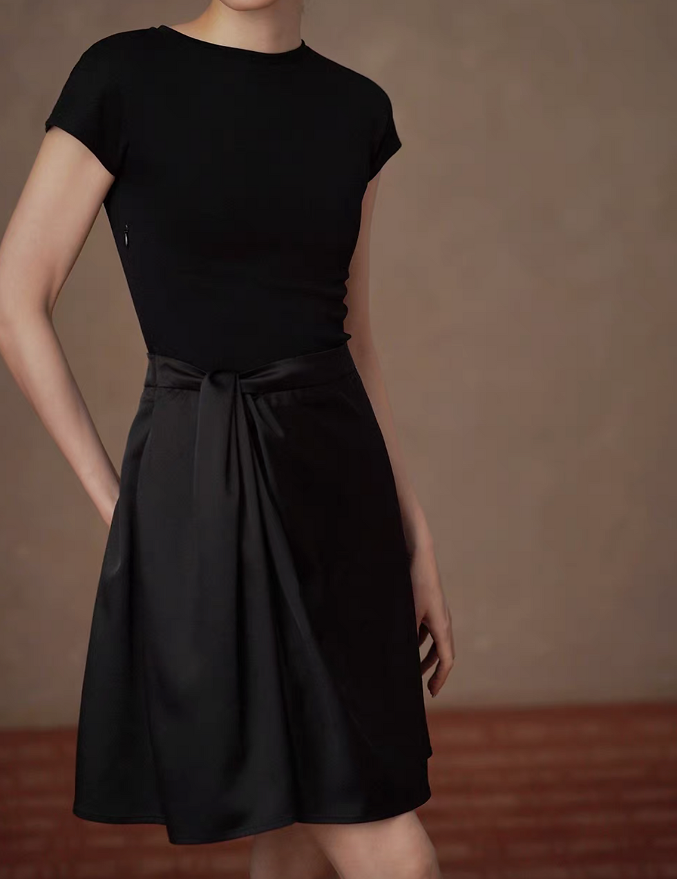 Thumbnail: Onyx black poly satin cotton rayon docking belted side zipped midi dress