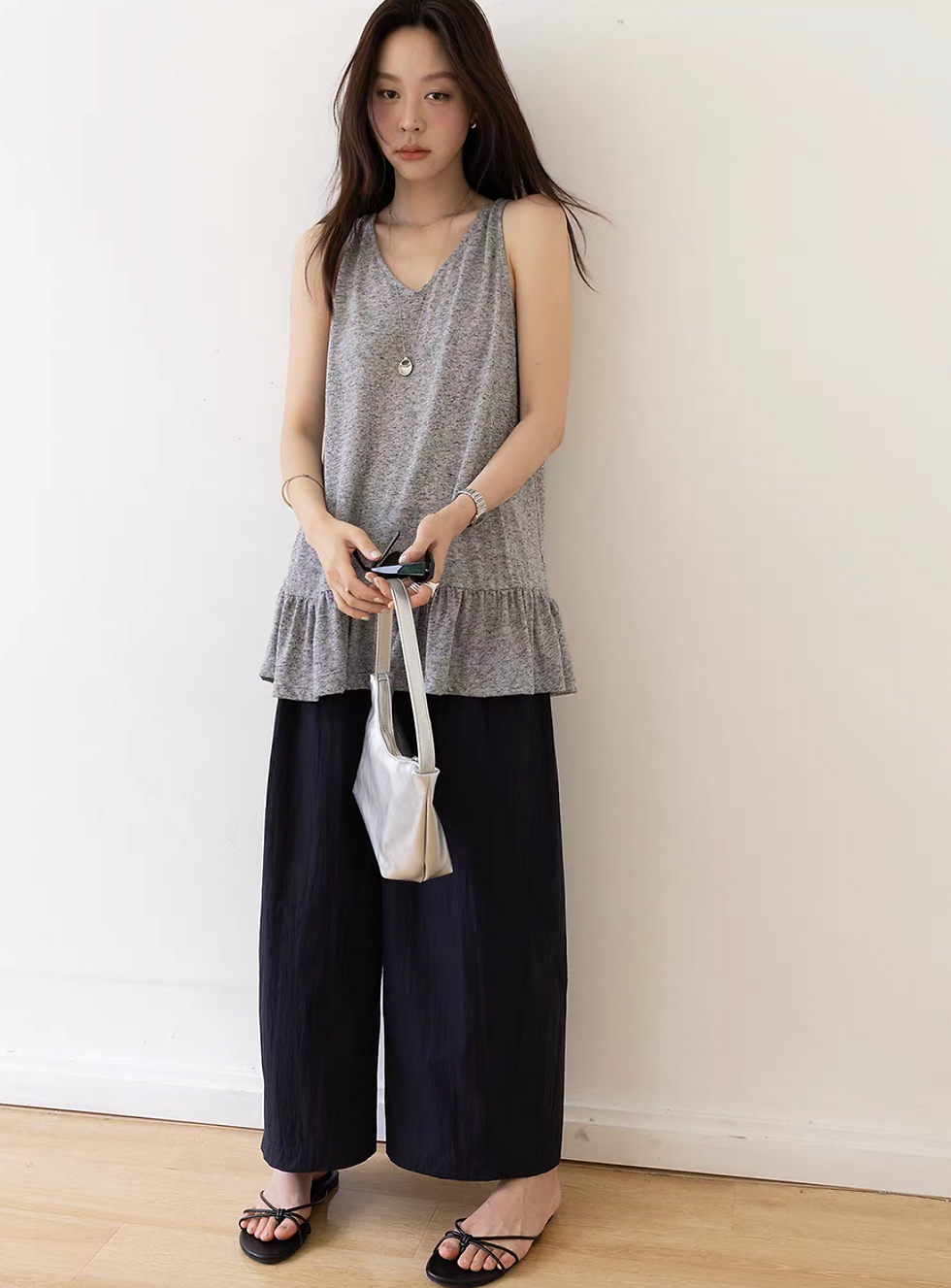 Thumbnail: Peplum linen poly ruffles trim V neck vest