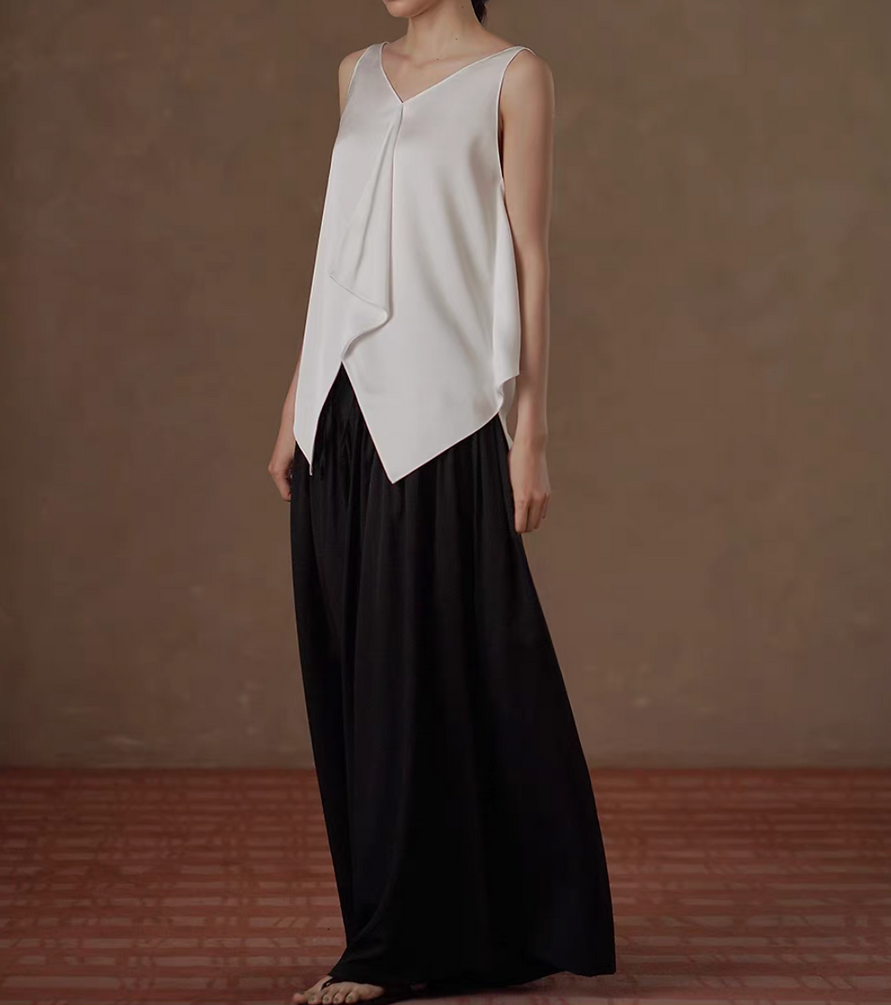 Thumbnail: Asymmetric V neck white satin poly fluid drape vest