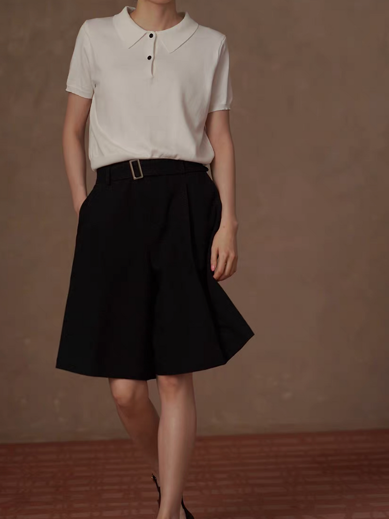 Ivory poly rayon polo buttoned shortsleeved knitted top 4