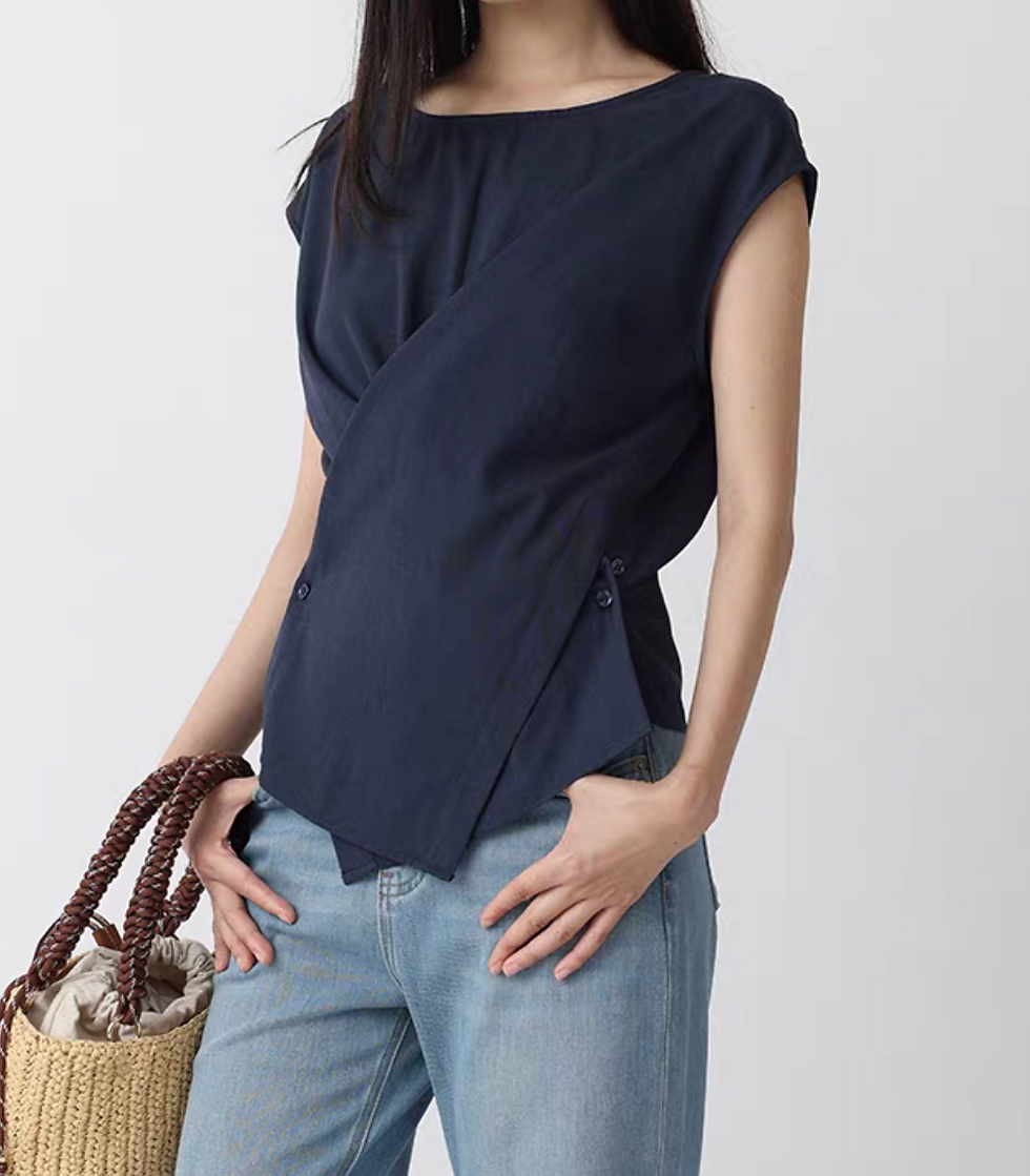 Thumbnail: Overlapping side buttoned pleated crewneck cotton rayon blouse