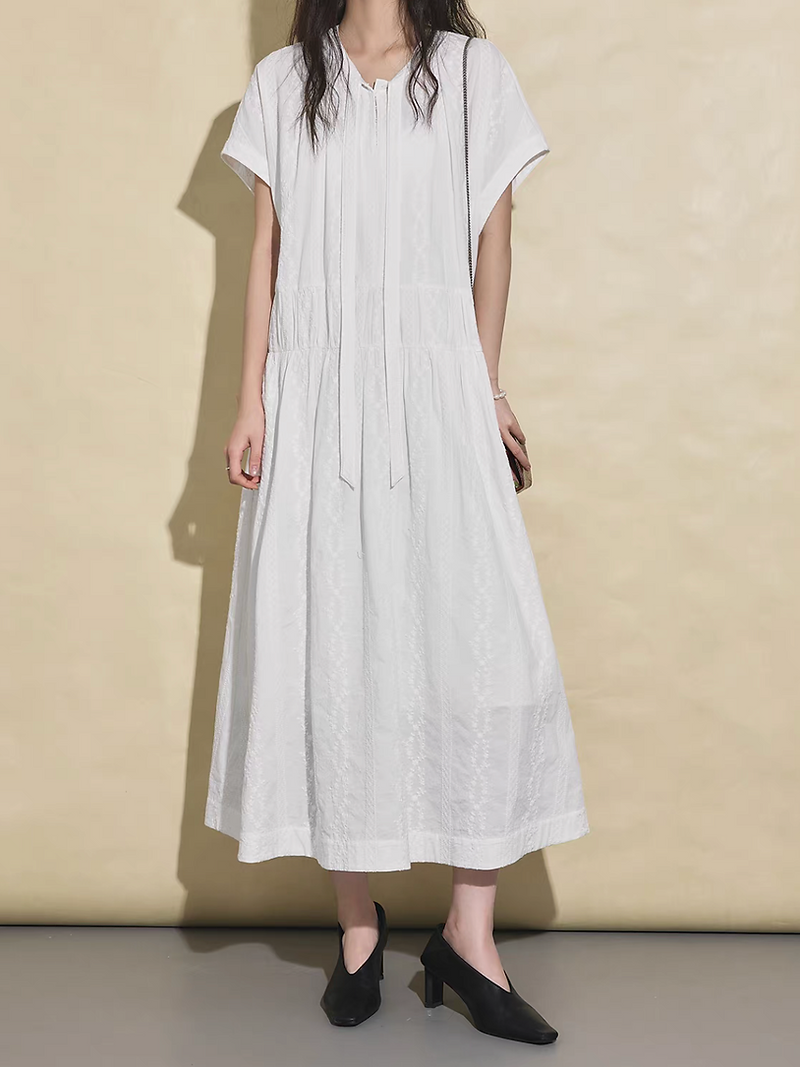 Embroidered ivory white cotton collaratte maxi dress 1