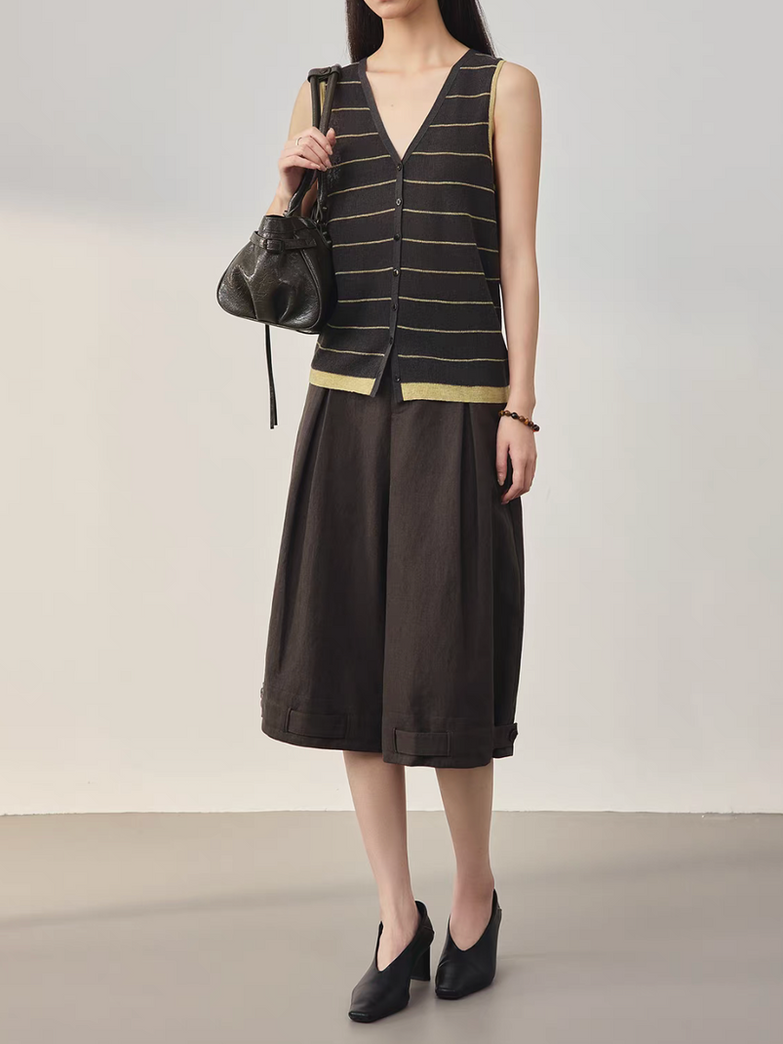 Mocha brown cotton tencel buttoned strap high waisted pleated shorts 2