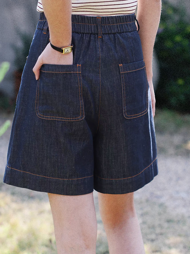 Back elasticated bronze stitched denim navy shorts 3