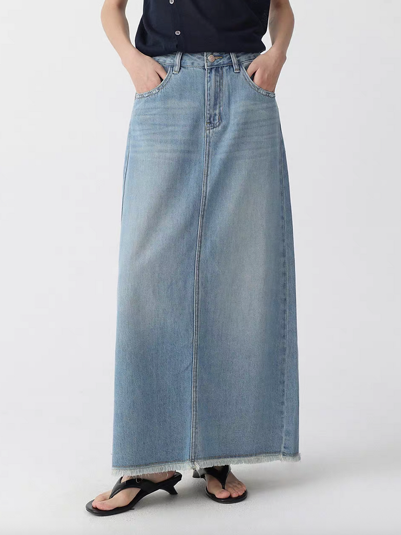 Acid washed frills trim A line back slit soft denim light blue skirt 2