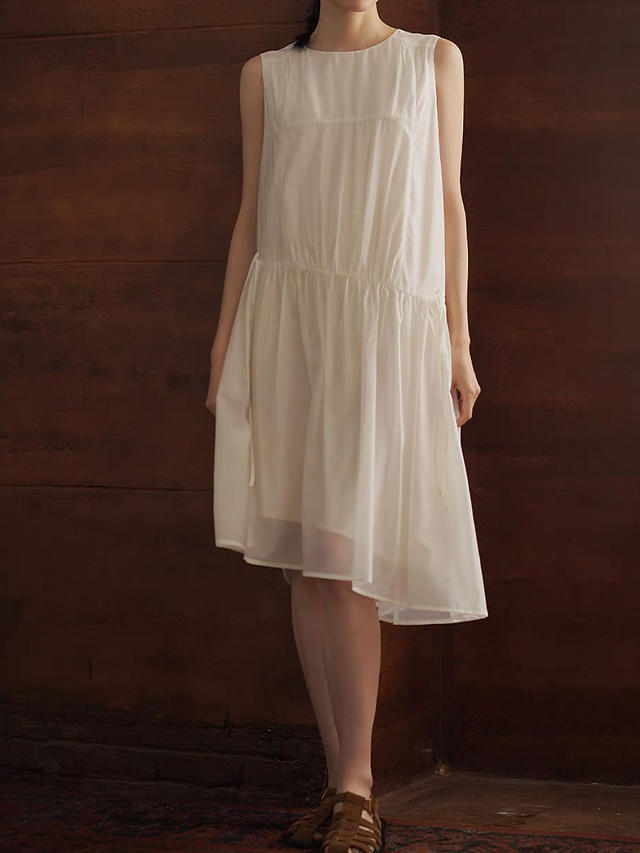 Ivory lined lyocell rayon asymmetric waist drawstring sleeveless dress 6