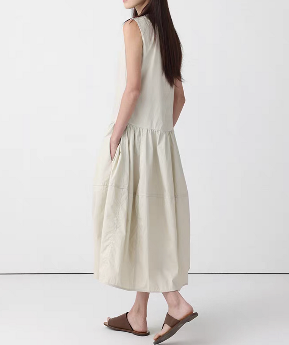Thumbnail: Pure cotton back zipped puff maxi sleeveless dress
