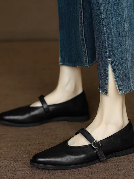 Curved cut brushed off calf leather Mary Janes