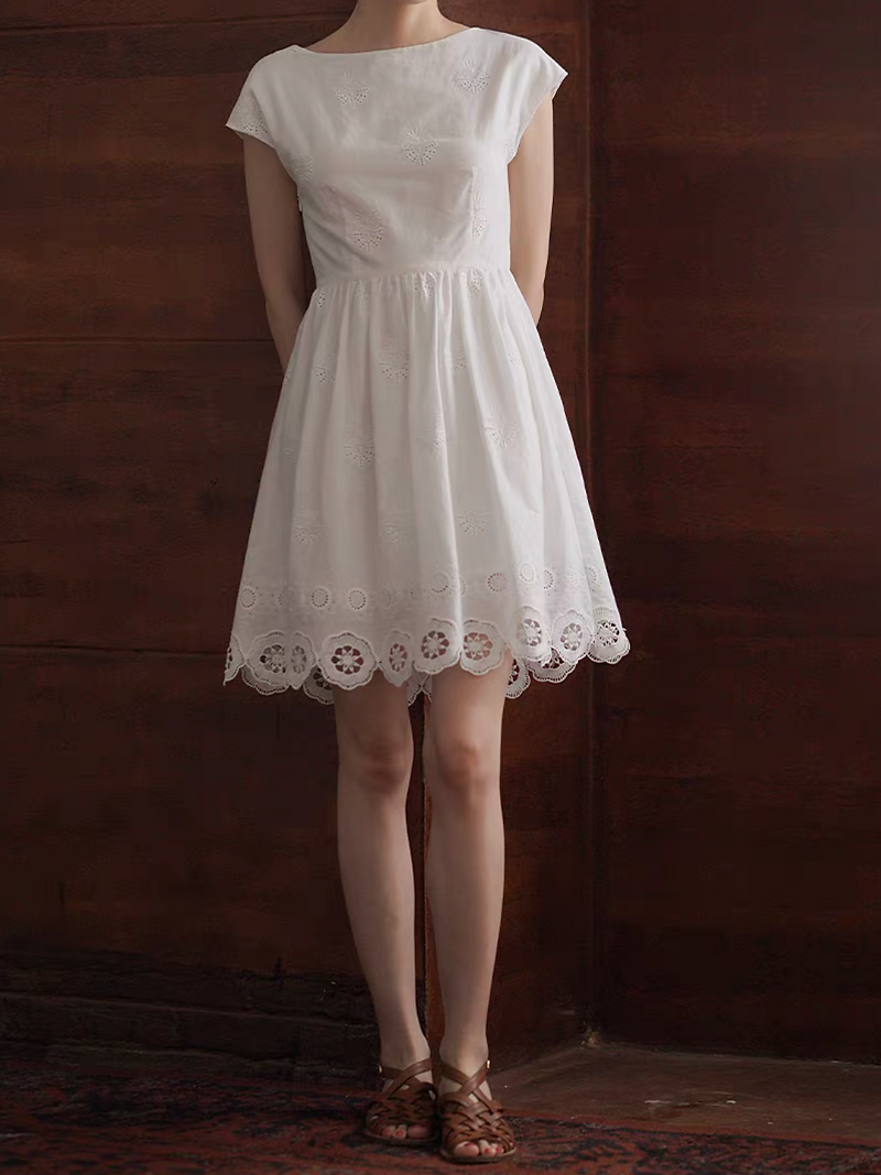 Pure cotton flutter sleeves high waisted crochet lined white dress 6